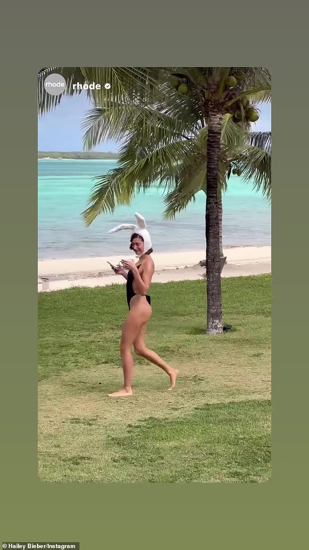Hailey also shared a short video clip of herself wearing bunny ears and a swimsuit walking in a tropical landscape.