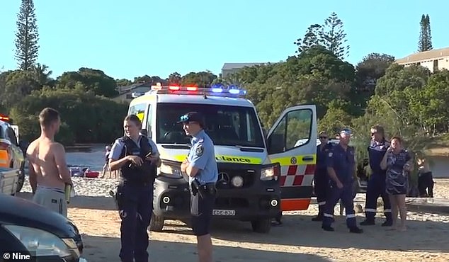The teenager briefly resurfaced after jumping from the Cudgera Creek Bridge on Tweed Coast Road, Hastings Point, before disappearing underwater (pictured, crews at the scene).