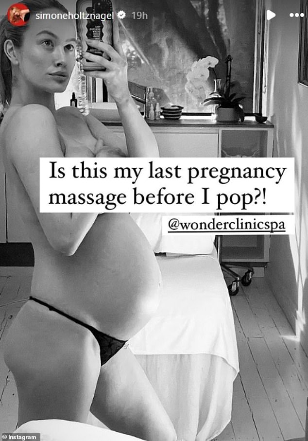 Heavily pregnant Simone Holtznagel teased her 'last pregnancy massage before she pops' as she counts down the days until she welcomes her first child with boyfriend Jono Castano