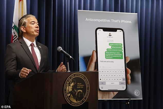 The US Justice Department said Thursday it is suing Apple, calling the company's slim devices and software a monopoly.  California Attorney General Rob Bonta (above) was one of over a dozen state attorneys general to announce an antitrust case against Apple along with the DOJ