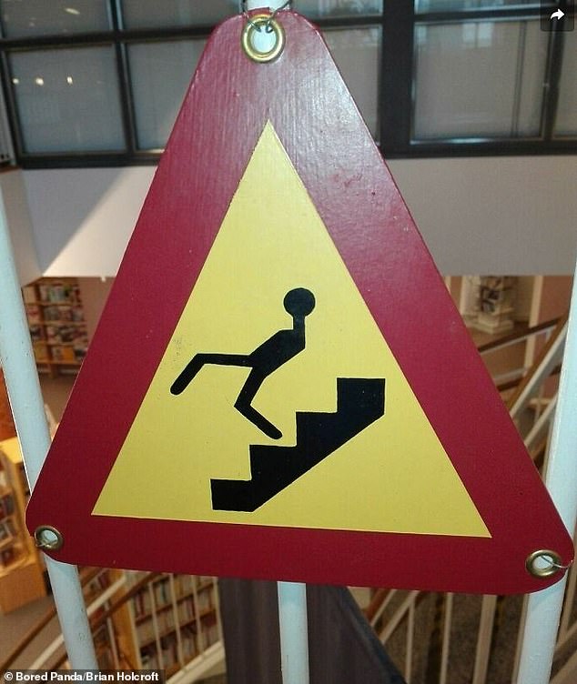 A strange sign made it look like pedestrians were being asked to run down the stairs, which was not the safest way to go up a flight of stairs.