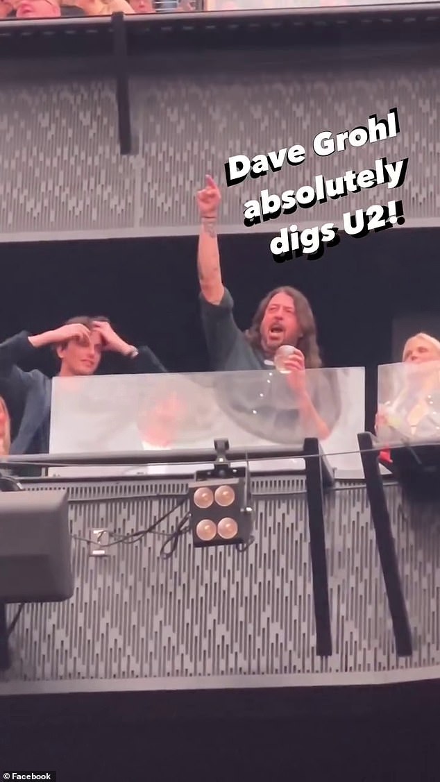 Shocking video has emerged of Foo Fighters rocker Dave Grohl, 55 (centre), looking very euphoric while watching a U2 concert over the weekend.