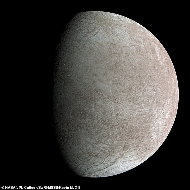Europa is made up of an ice sheet, whose thickness is estimated at about 24 kilometers and a very thin atmosphere.  Shown here, imaged by the Juno spacecraft, September 2022.