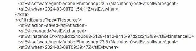 The metadata shows that Adobe Photoshop version 23.5 was used to edit the image on an Apple Mac.  On the second line from the bottom it says: 'Adobe Photoshop 23.5 (Macintosh)'