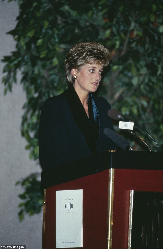 Diana, Princess of Wales, gives a speech at the Hilton Hotel, London, during the Headway Charity Luncheon.  She renounces her public duties and asks for 'time and space'