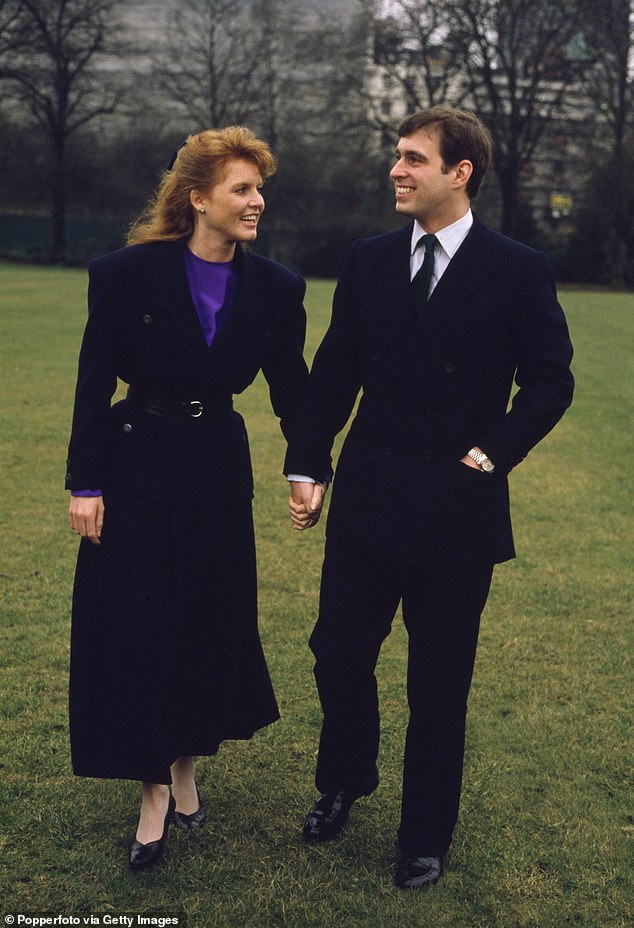 Prince Andrew and his fiancée Sarah Ferguson inside Buckingham Palace after announcing their engagement in March 1986