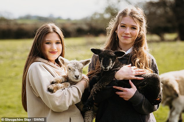 Holly Simpson, 16 (left) holding Masie and Elizabeth Rixon, 14 (right) holding Freddie