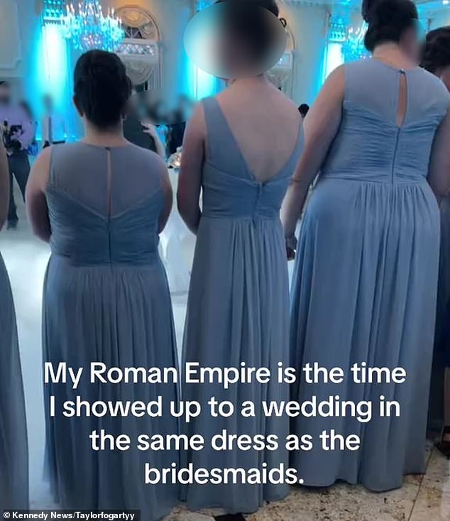 The makeup artist blushed when she saw the bridal party walk down the aisle and, to her horror, realized that she was wearing the exact same dress as the bridesmaids.