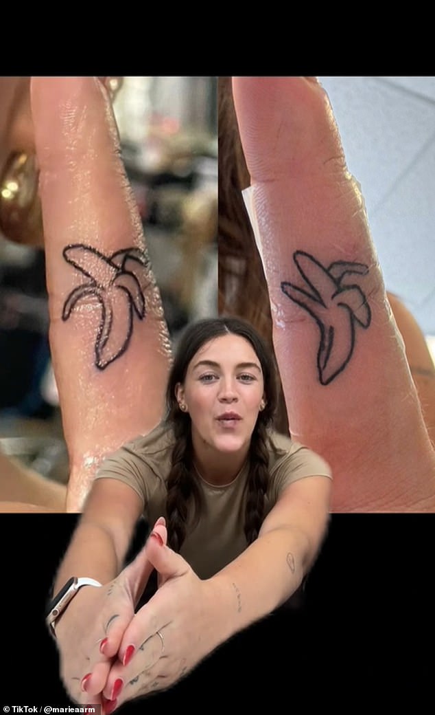 Marie had shown the tattoo parlor her original banana design (LEFT) for reference, but ended up with ink that left her reduced to tears (RIGHT).