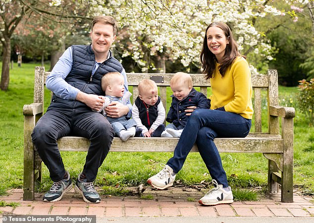 Leila Green, 40, pictured with her husband James, 43, and their triplets (left to right) Jerry, Rafa and Frankie, 19 months.