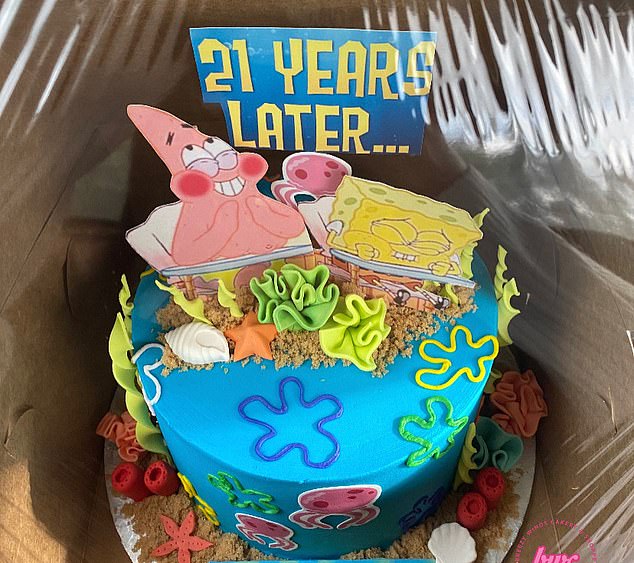 This reference image included printed cake toppers of SpongeBob and Patrick on top of the dessert, with a sign reading '21 years later'