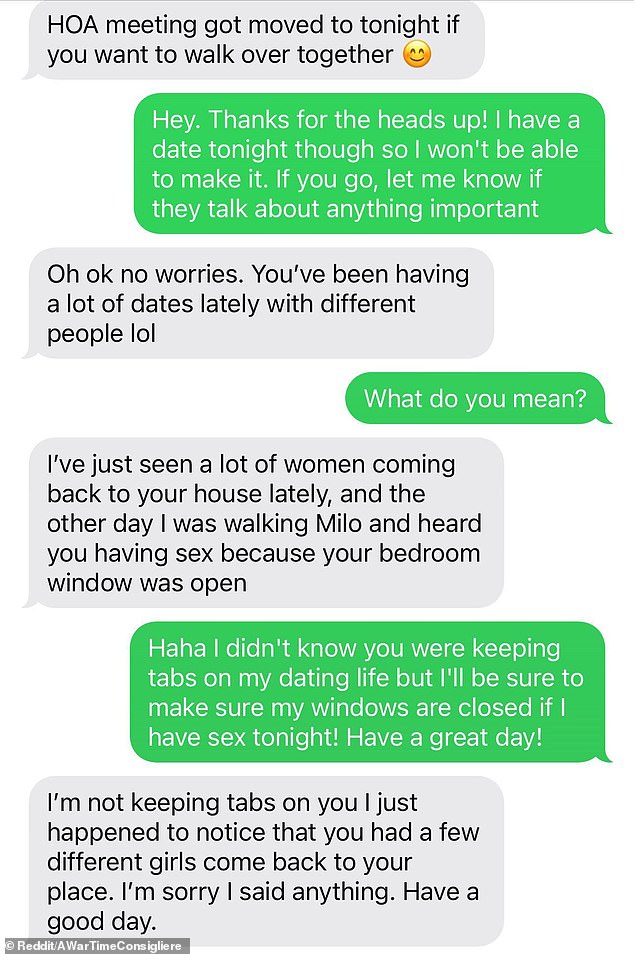 He shared a screenshot of the text messages on Reddit and said she has 'seen a lot of women coming back' to his house