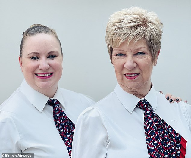 Christine Barnes (right) decided to retrain as a British Airways flight attendant after seeing how much her daughter Sophie (left) enjoyed the role.