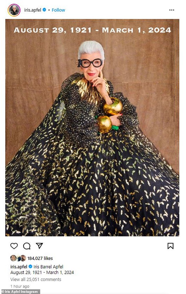 The news was announced on her Instagram page on Friday, with a gorgeous photo of the fashionista in a regal black and gold dress and her signature black sunglasses.