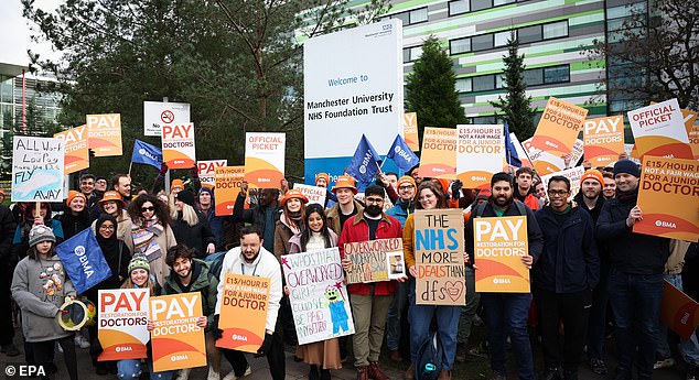 The union boasts of having 190,366 members, but has only received 6,134 online donations from 2,144 donors. This suggests that fewer than 12 in 1,000 have contributed to help their colleagues. Pictured, young doctors picket outside Manchester Royal Infirmary last week, February 26.