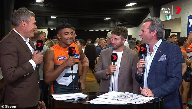 GWS rising talent Callum Brown (pictured second from left after the team's win over Collingwood on Saturday) was born in England and grew up in Ireland.