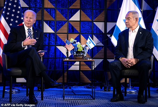 Biden has become increasingly frustrated with Netanyahu - above, the two men meet in Tel Aviv in October