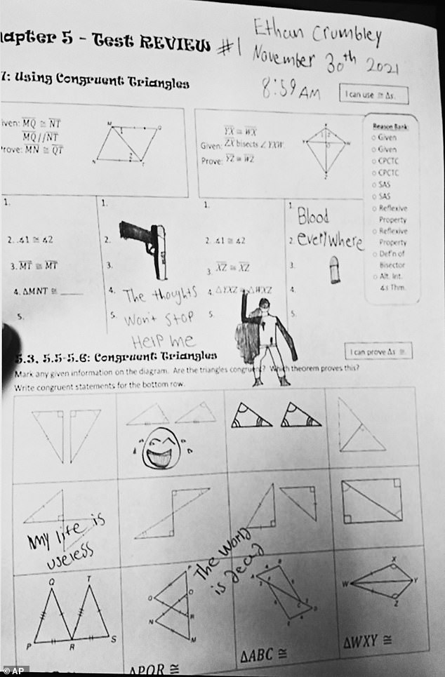 On the morning of the school shooting, teachers became concerned after finding alarming drawings and writing on his homework, including drawings of gunshot victims around 'the thoughts won't stop... Help me'