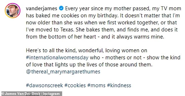 It turns out that Humes has been sending Van Der Beek cookies every year on his birthday since his real-life mother, Melinda Van Der Beek, passed away in July 2020 at the age of 70.