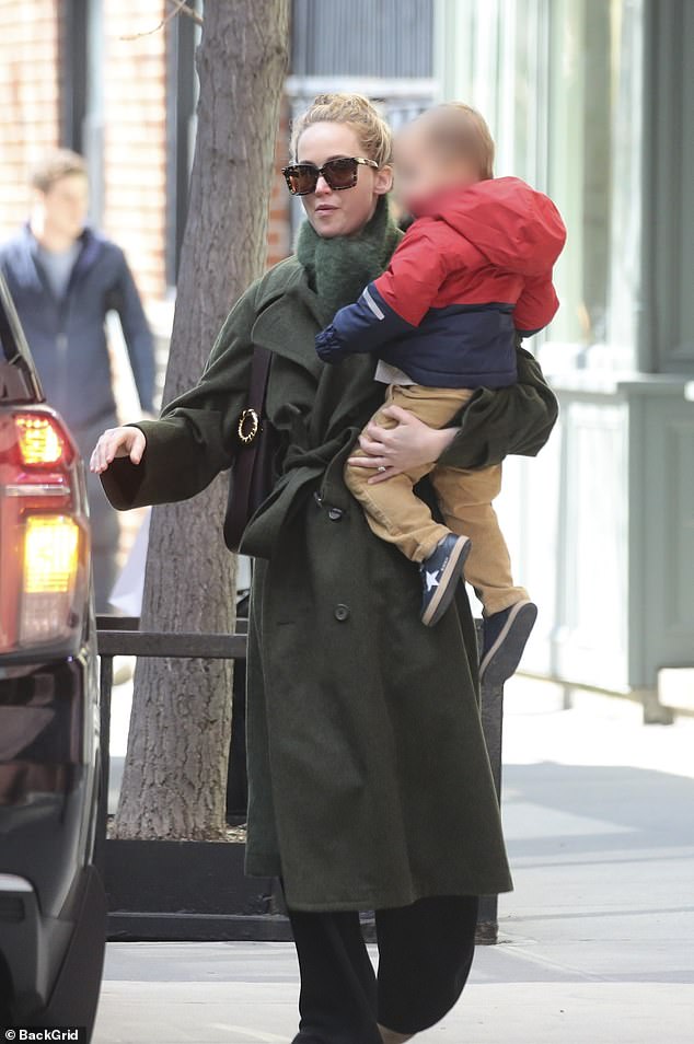 Jennifer Lawrence was spotted walking with her son Cy Maroney, 2, in West Village, New York, on Tuesday.