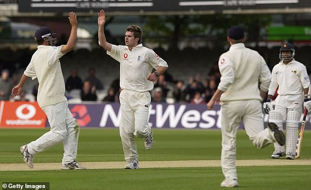Anderson celebrates his first Test wicket, that of Zimbabwe's Mark Vermeulen in 2003.