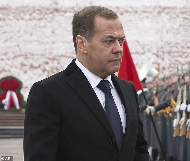 Deputy Head of the Russian Security Council Dmitry Medvedev takes part in a wreath-laying ceremony at the Tomb of the Unknown Soldier in the Alexander Garden on Defender of the Fatherland Day in Moscow, Russia, Friday, February 23 of 2024.