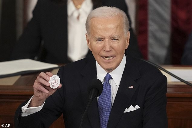 'Lincoln, Lincoln Riley,' Biden said, holding up the pin. 'An innocent young woman who was killed by an illegal