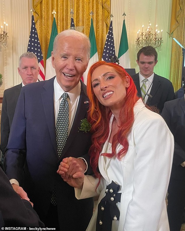 US President Joe Biden hosted WWE's Becky Lynch at the White House on St. Patrick's Day.