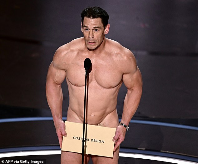 John Cena, 46, certainly made an impression as he appeared to be naked on stage at the Dolby Theater in Los Angeles to present the award for Best Costume Design at the 2024 Academy Awards ceremonies on Sunday.