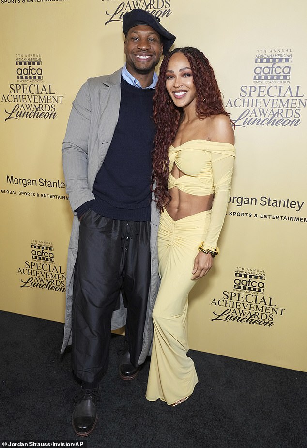 Jonathan Majors, 34, and his girlfriend Meagan Good, 42, made their red carpet debut at the AAFCA Special Achievement Awards luncheon on Sunday in Los Angeles.