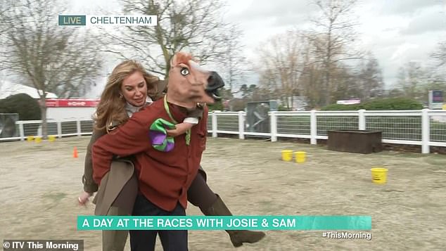 Josie Gibson and Sam Thompson galloped around as 'jockeys' in a hilarious piggy back race as they attended day three of the Cheltenham Festival as part of Thursday's This Morning