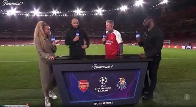 Kate Abdo's boyfriend has spoken out about comments made by Jamie Carragher (centre right) during CBS Sport's Champions League coverage