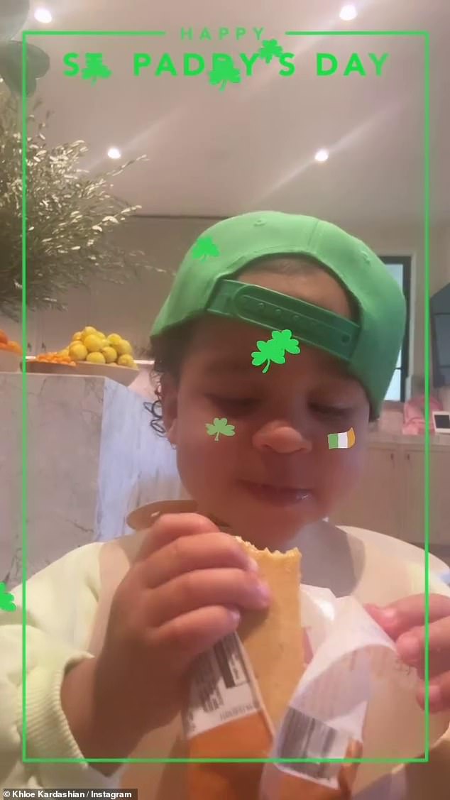 Khloe Kardashian, 39, shared video of her favorite leprechaun son Tatum, nearly 20 months, in an Instagram Stories video as he munched on his breakfast
