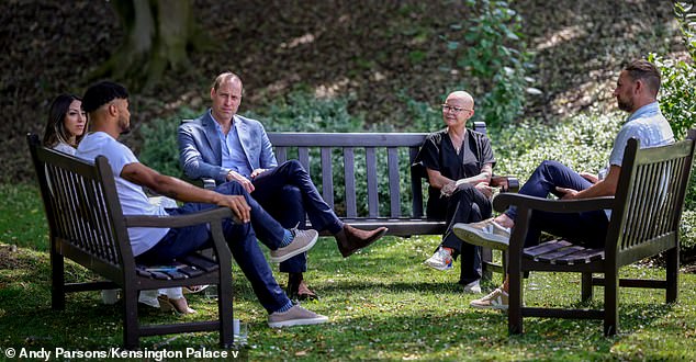 Many past royal photographs and video footage have been set in gardens and centered around a bench. Pictured: William with (left to right) Tyrone Mings, Sabrina Cohen-Hatton, Gail Porter and David Duke last year