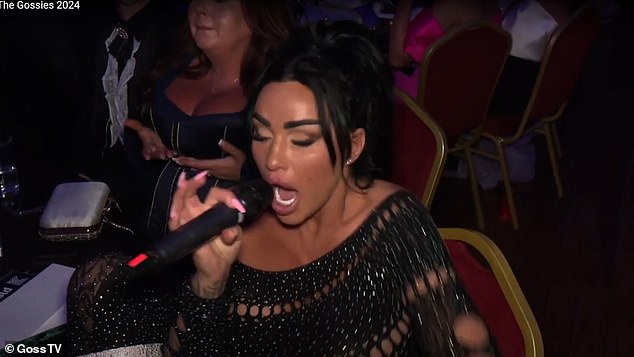 Katie Price looked deteriorating as she made an X-rated joke and swore at a booing crowd after 'taking over' the 2024 Gossies Awards in Dublin on Saturday.