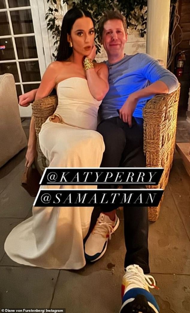 Katy Perry was pictured huddled in a chair next to AI mogul Sam Altman during a pre-Oscars party in a photo shared on designer Diane Von Furstenberg's Instagram Story on Sunday