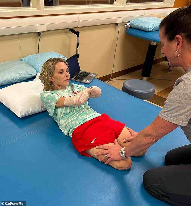 Lucinda 'Cindy Williams, 41, who lost all four limbs after routine kidney surgery, has made great strides and is pictured doing a sit-up routine as she prepares for her prosthesis