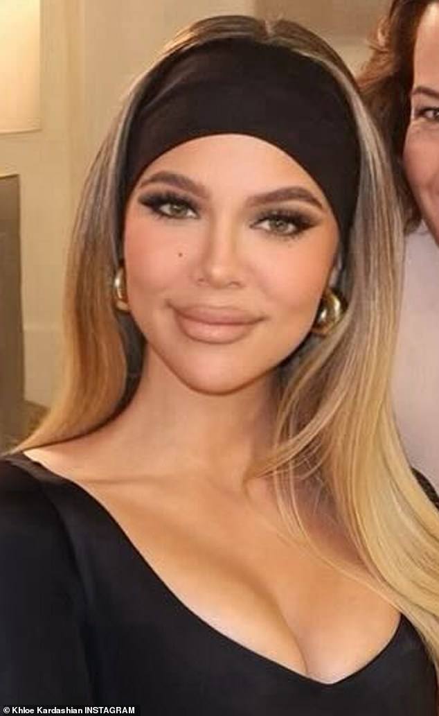 Khloe Kardashian's face looked very different in a new photo shared on Instagram Thursday morning.  The 39-year-old reality TV dynamo had her hair pulled back by a wide black headband that showed off her expression as she added gold earrings.  However, the mother-of-two's face appeared distorted, probably due to the use of a powerful filter