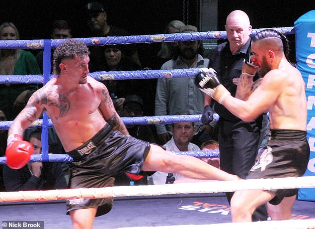 Chase Haley (left) and Riine LeComte are pictured competing in their kickboxing fight in New Zealand on Saturday night, and LeComte underwent surgery shortly after.