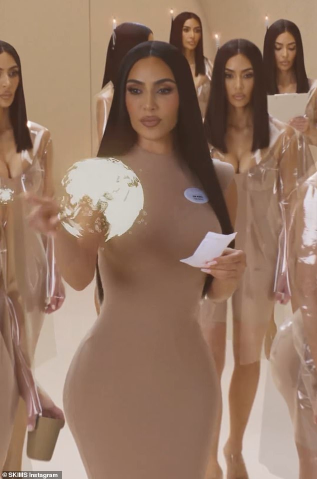 Kim Kardashian took to Instagram to share the latest Skims ad featuring her and her 'clones' in futuristic factory settings on Monday