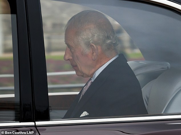 Pictured is King Charles arriving at Clarence House on Tuesday morning.