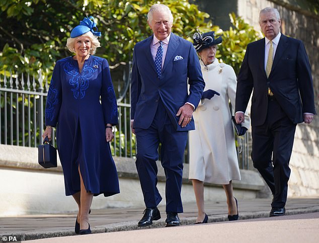 2023: King Charles III and Queen Camilla with Princess Anne and Prince Andrew as they attend the Mattins Easter service at St George's Chapel at Windsor Castle on April 9 last year.