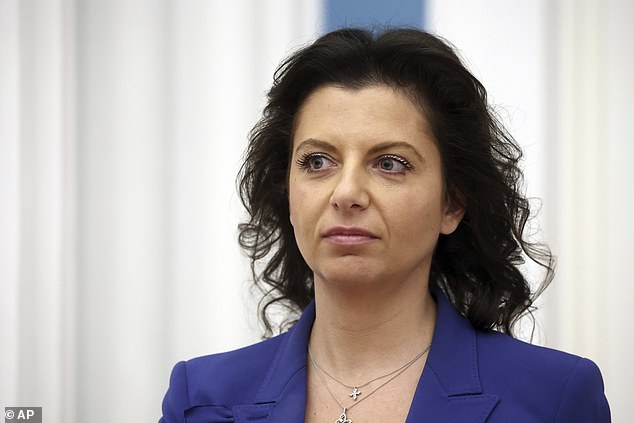 While the Kremlin has yet to comment on the warnings, other influential voices in Russia, including Margarita Simonyan (pictured, file photo), editor-in-chief of Russian state-controlled news outlet RT, expressed anger at the intervention.