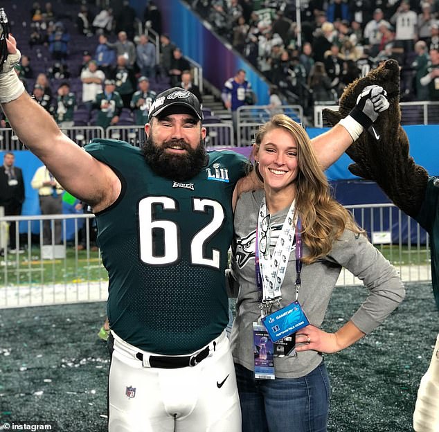 Jason Kelce is seen with his wife Kylie after Super Bowl LII, which his Eagles won over the Patriots.