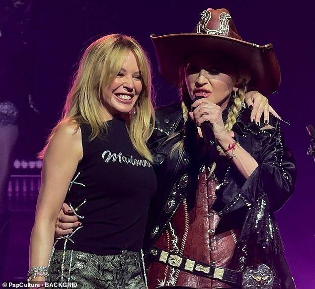 Kylie Minogue, 55, joined Madonna on stage for a surprise duet during the Material Girls', 65, Celebration tour at the Kia Forum in Los Angeles on Thursday to celebrate International Women's Day.