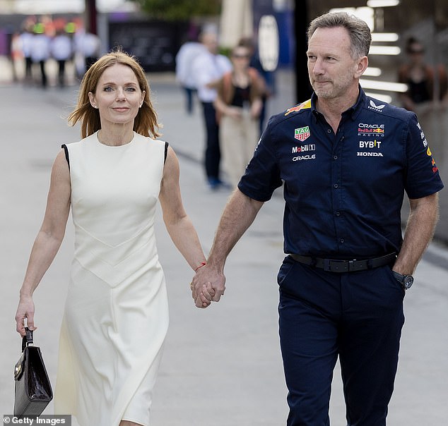 Christian Horner and Geri Halliwell shake hands in a public show of unity at the Bahrain Grand Prix on Saturday.