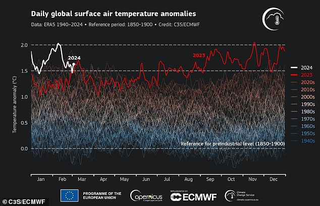 The graph shows the average daily surface air temperature anomalies (°C) relative to the estimated values ​​for 1850-1900 for 2024 (white) and 2023 (red)