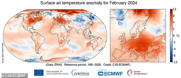February 2024 was the warmest February on record globally, with an average surface air temperature of 56.3°F (13.54°C).