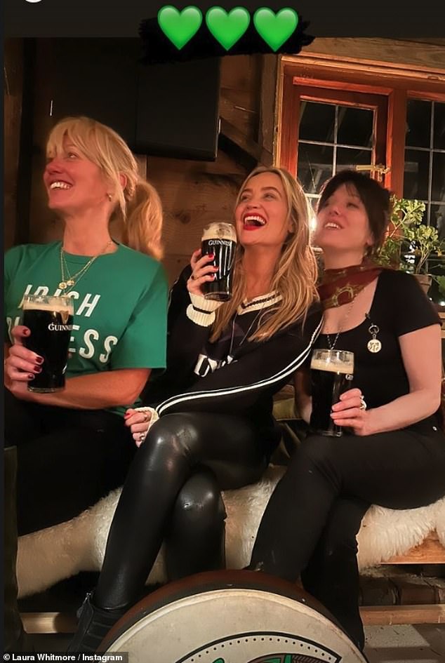 Irish TV presenter Laura Whitmore (centre) led the stars celebrating St Patrick's Day on Sunday (pictured with This Morning chef Clodagh McKenna, L)