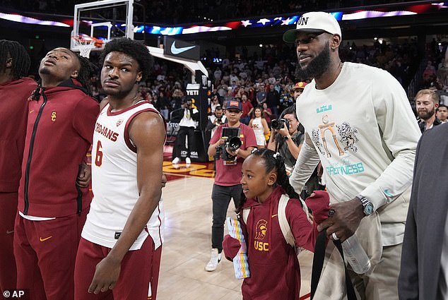 LeBron James (R) admitted that he gets anxious watching his son, Bronny, play at USC